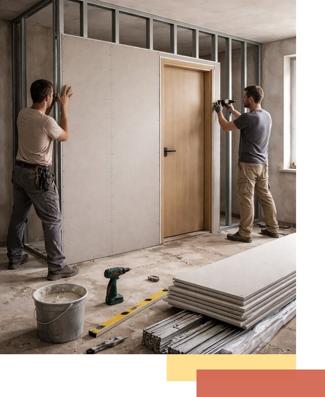 Перегородка из гипсокартона с дверью под ключ в Астрахани