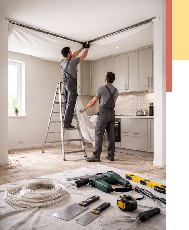 Установка натяжного потолка на кухне в Астрахани от 2466 руб. | ОТДЕЛОЧНИК-Стр